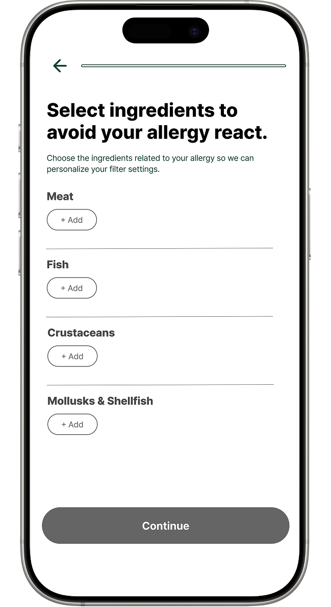 Ingredients selection wireframe